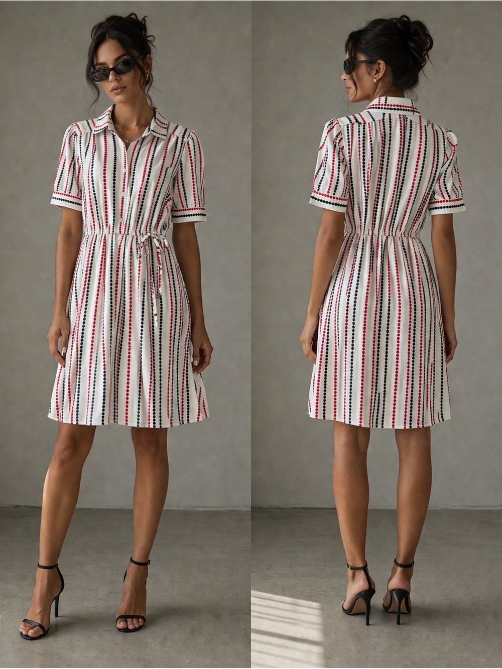 Tommy Hilfiger Striped Shirt Dress XS Red Black White Tie Waist